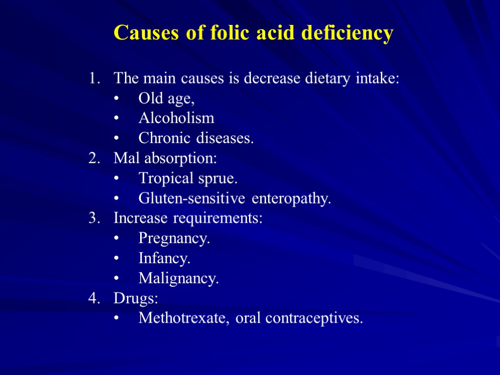 Causes of folic acid deficiency The main causes is decrease dietary intake: Old age,